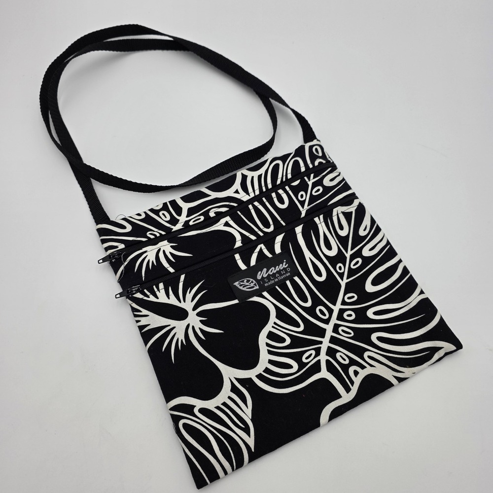 Nani Island Crossbody Passport Bag Cotton Zip Made In Hawaii Black & White Flora